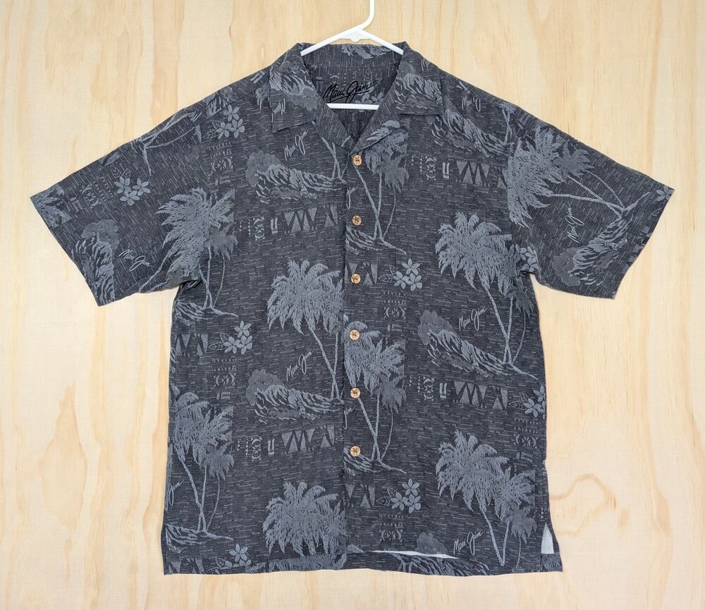 Maui Jim Men’s Medium Hawaiian Shirt Silk Jacquard Tropical Palm Tree Surfer